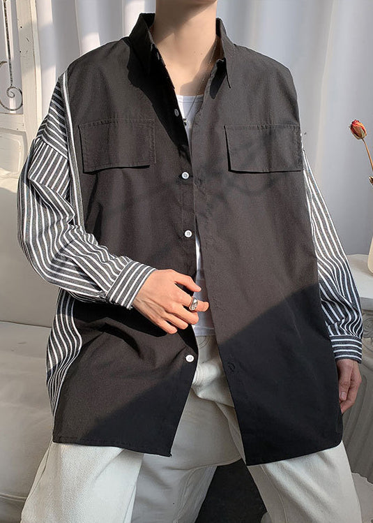 Patchwork New Shirts Pan Peter Cotton Black Collar Striped Mens FashionChic