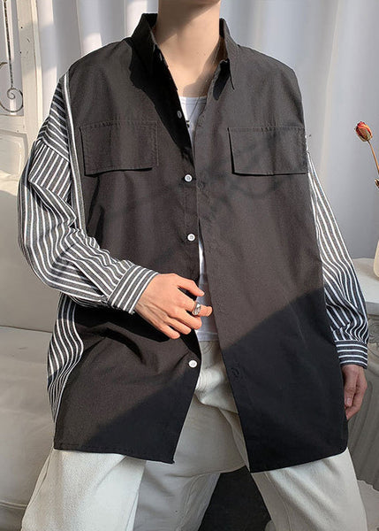 Patchwork New Shirts Pan Peter Cotton Black Collar Striped Mens FashionChic