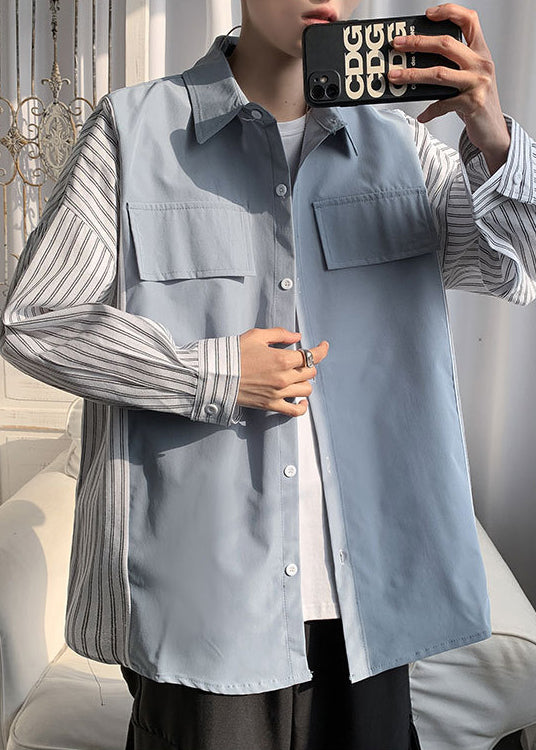 Patchwork New Shirts Pan Peter Cotton Black Collar Striped Mens FashionChic