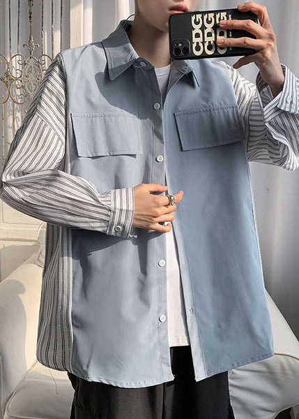 Patchwork New Shirts Pan Peter Cotton Black Collar Striped Mens FashionChic