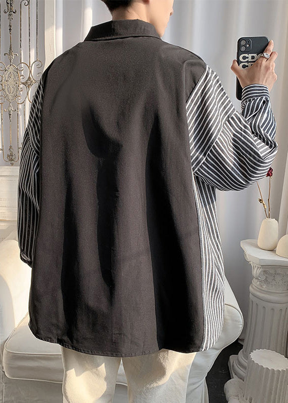 Patchwork New Shirts Pan Peter Cotton Black Collar Striped Mens FashionChic