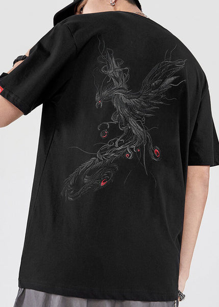 Black Men T New Phoenix Cotton Shirt Embroideried Summer FashionChic