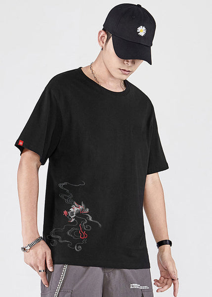 Black Men T New Phoenix Cotton Shirt Embroideried Summer FashionChic