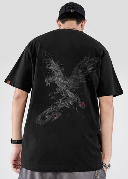 Black Men T New Phoenix Cotton Shirt Embroideried Summer FashionChic