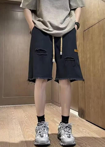 New Black Pockets Drawstring Denim Men Ripped Jeans Summer YL023 ABC