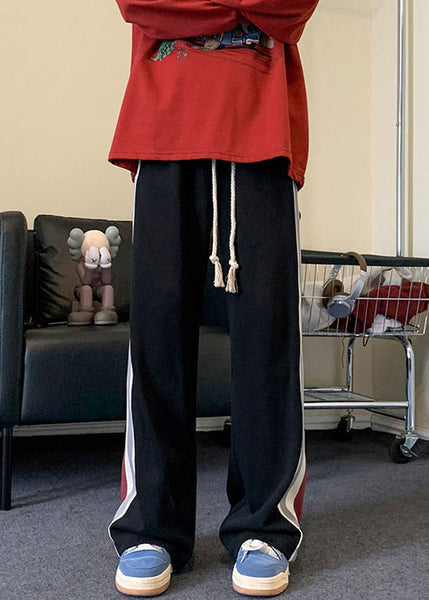 New Black Pockets Elastic Waist Patchwork Warm Fleece Men Pants Fall WA059 MENP241110