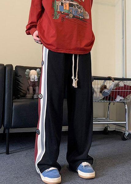 New Black Pockets Elastic Waist Patchwork Warm Fleece Men Pants Fall WA059 MENP241110