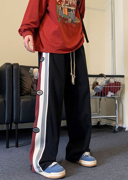 New Black Pockets Elastic Waist Patchwork Warm Fleece Men Pants Fall WA059 MENP241110