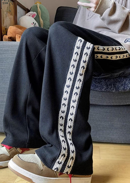 New Black Pockets Elastic Waist Patchwork Warm Fleece Men Pants Winter WA041 MENP241110