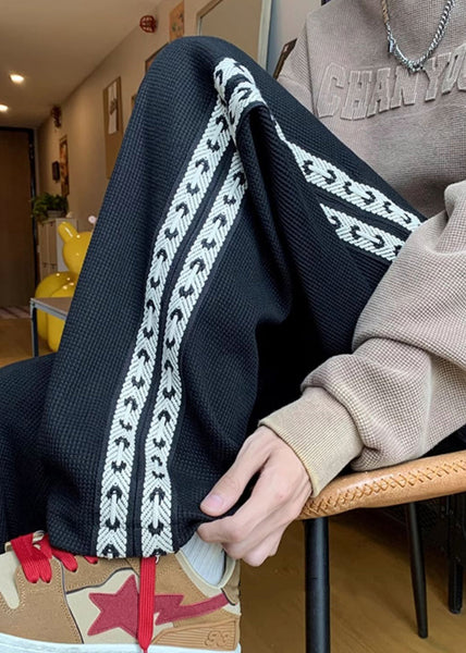 New Black Pockets Elastic Waist Patchwork Warm Fleece Men Pants Winter WA041 MENP241110