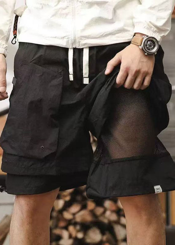 New Cotton Patchwork Pockets Mens Pieces Two Shorts Black False FashionChic