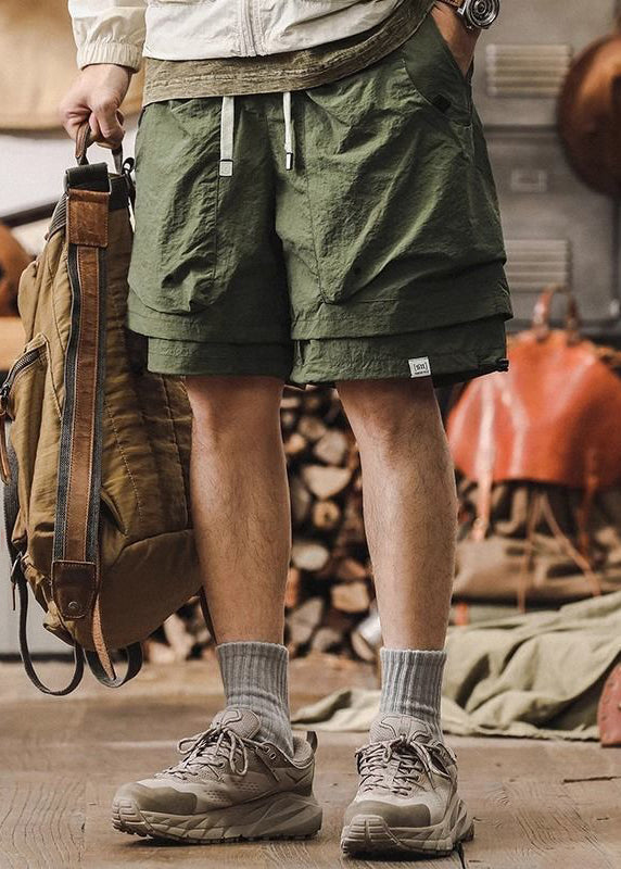 New Cotton Patchwork Pockets Mens Pieces Two Shorts Black False FashionChic