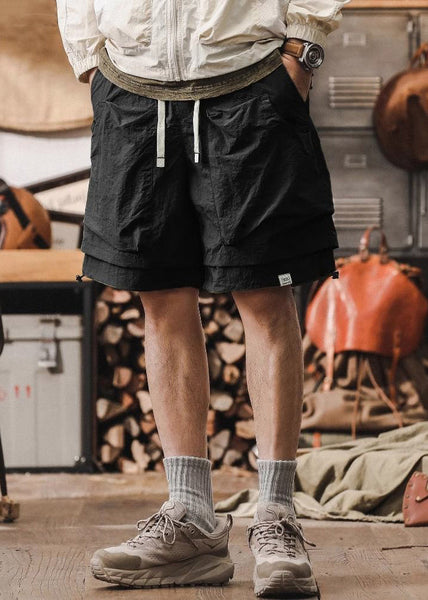 New Cotton Patchwork Pockets Mens Pieces Two Shorts Black False FashionChic