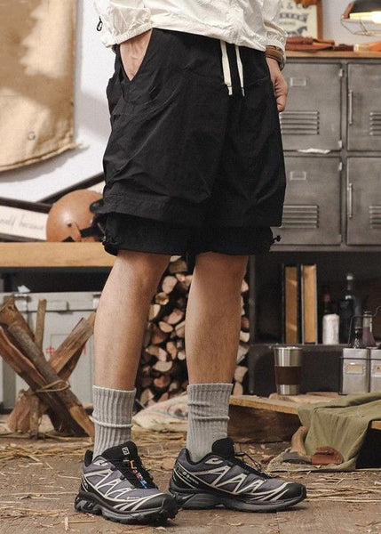 New Cotton Patchwork Pockets Mens Pieces Two Shorts Black False FashionChic