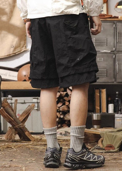 New Cotton Patchwork Pockets Mens Pieces Two Shorts Black False FashionChic
