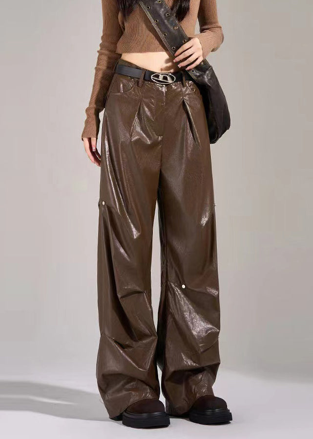 New Black Pockets Wrinkled High Waist Faux Leather Pants Fall WP051 NZ-LPTS241107