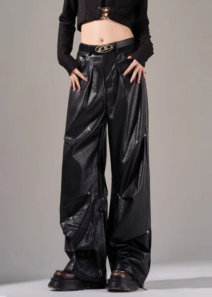 New Black Pockets Wrinkled High Waist Faux Leather Pants Fall WP051 NZ-LPTS241107