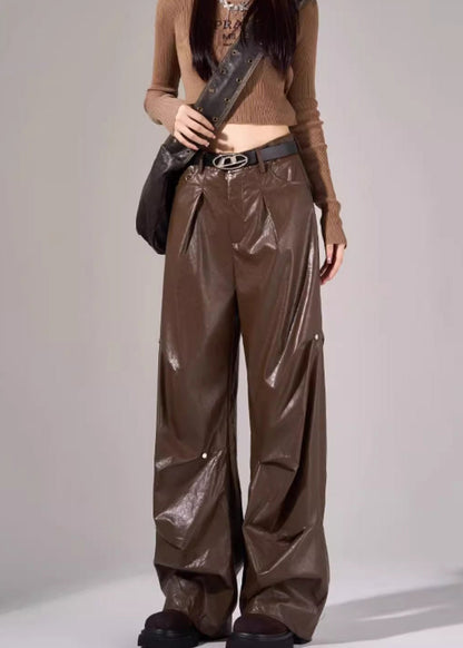 New Black Pockets Wrinkled High Waist Faux Leather Pants Fall WP051 NZ-LPTS241107