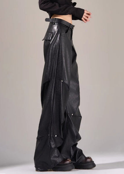 New Black Pockets Wrinkled High Waist Faux Leather Pants Fall WP051 NZ-LPTS241107