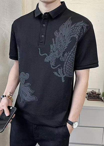 Summer Cotton Black Print Men Button New Polo Shirt FashionChic
