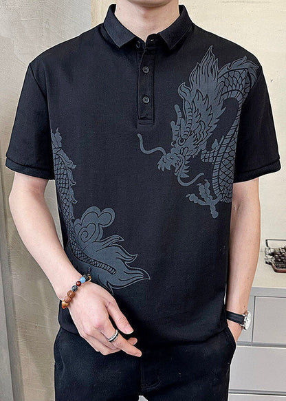 Summer Cotton Black Print Men Button New Polo Shirt FashionChic