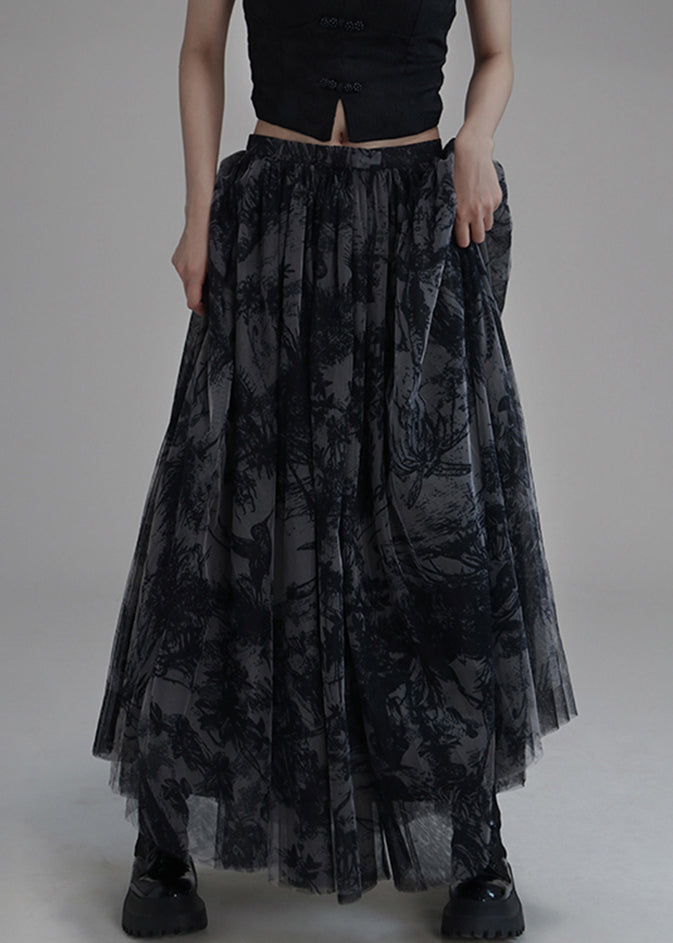 New Black Print Elastic Waist Tulle Skirt Summer Ada Fashion