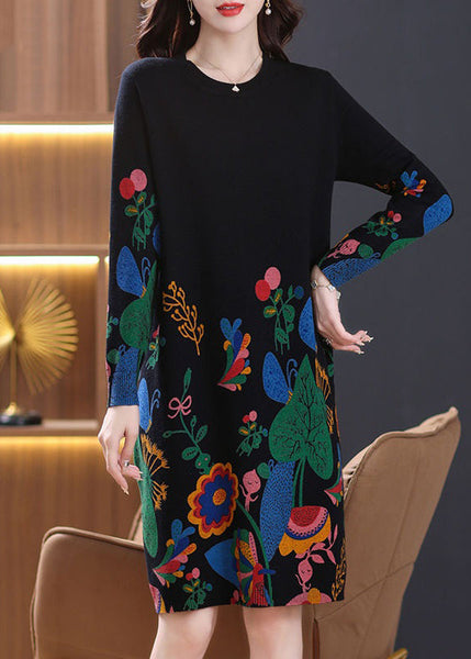 New Black Print Side Open Wool Knit Dress Long Sleeve TB002