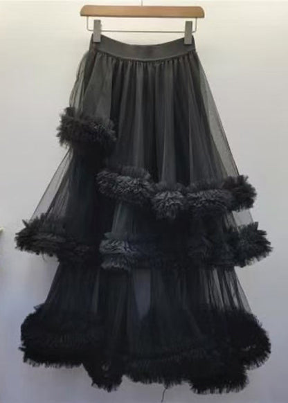 Black Tulle Ruffled Waist Summer Skirt Elastic New FashionChic