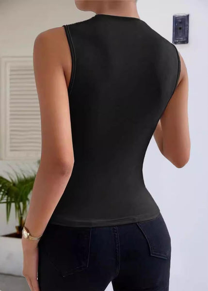 Vests Black Cotton Silm New Sleeveless Wrinkled Fit FashionChic