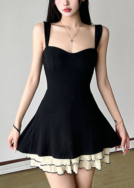Tulle Spaghetti Solid Cotton New Black Dresses Strap Patchwork FashionChic