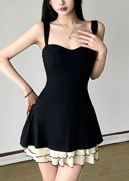 Tulle Spaghetti Solid Cotton New Black Dresses Strap Patchwork FashionChic