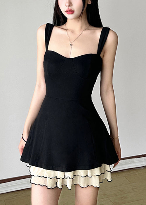 Tulle Spaghetti Solid Cotton New Black Dresses Strap Patchwork FashionChic