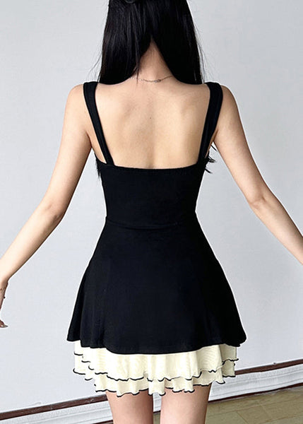Tulle Spaghetti Solid Cotton New Black Dresses Strap Patchwork FashionChic