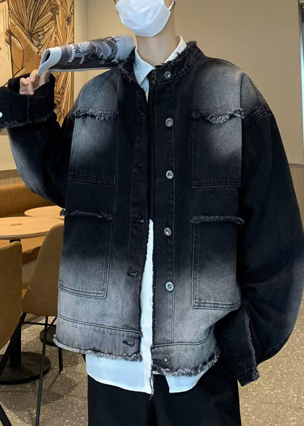 New Denim Button Collar Spring TC037 Black Pockets Stand Coat Mens