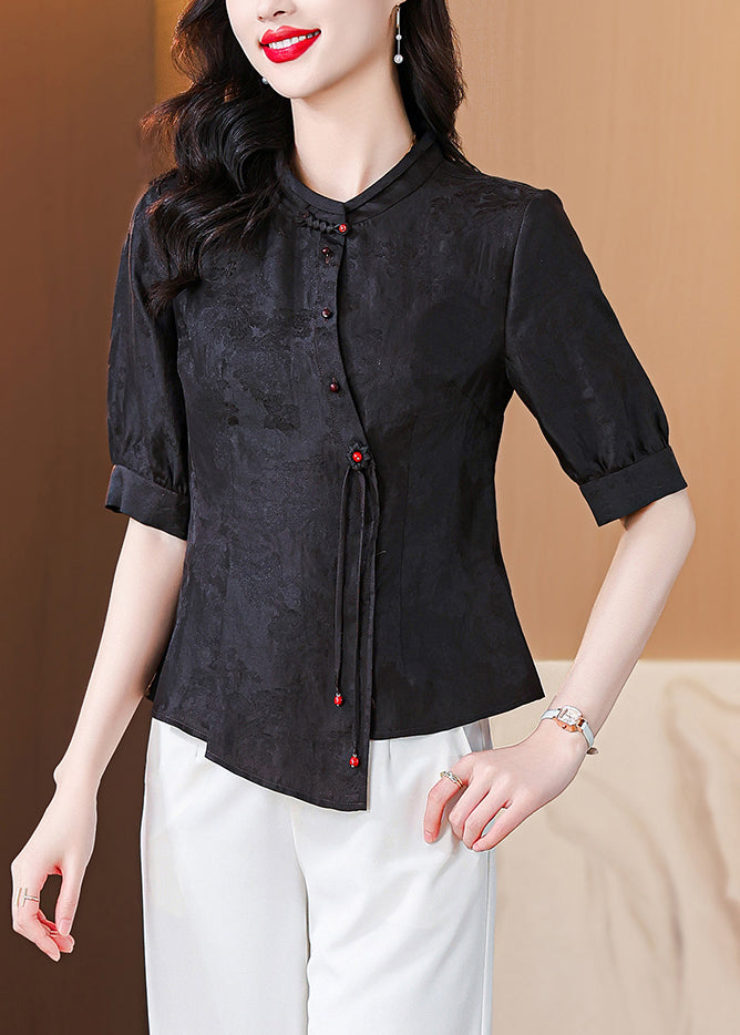 New Black Stand Collar Button Silk Shirt Half Sleeve OP1076 Ada Fashion