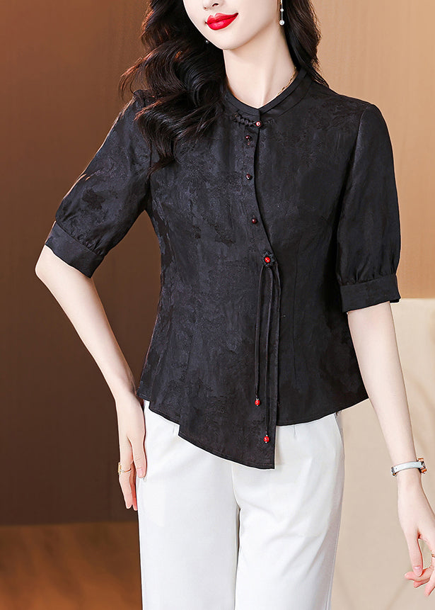 New Black Stand Collar Button Silk Shirt Half Sleeve OP1076 Ada Fashion