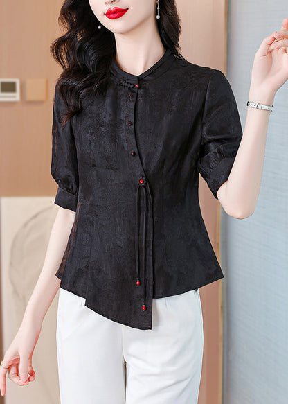 New Black Stand Collar Button Silk Shirt Half Sleeve OP1076 Ada Fashion