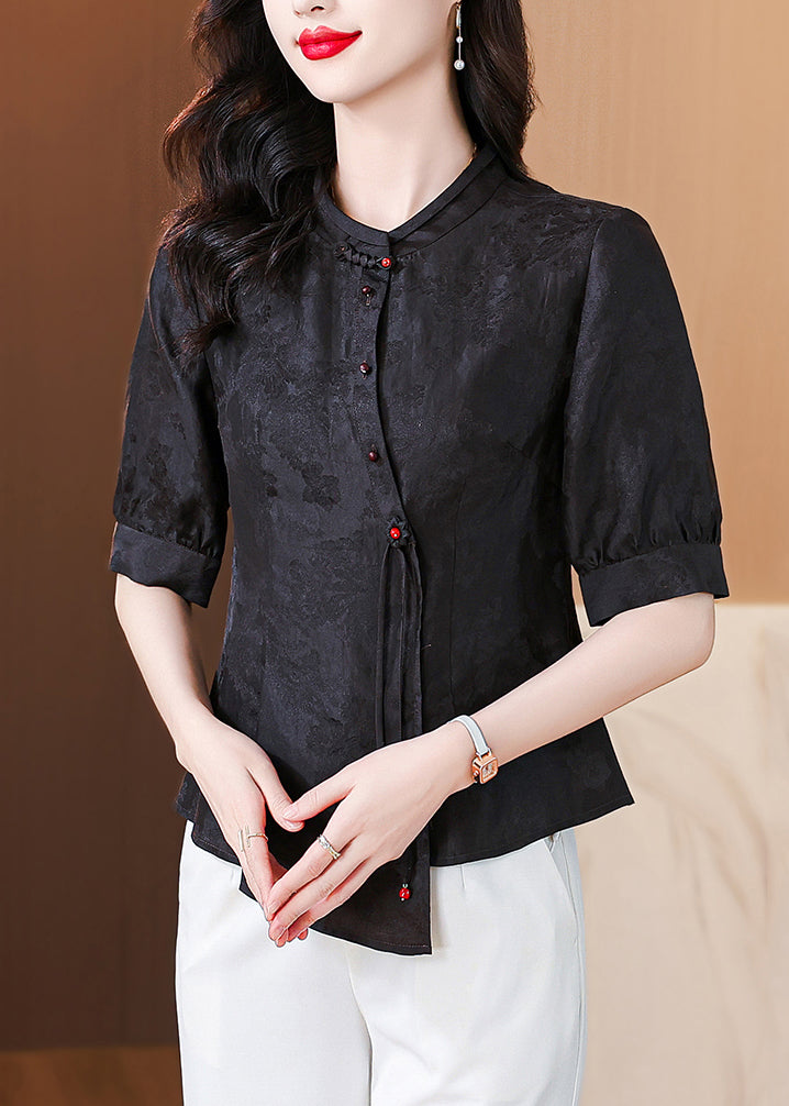 New Black Stand Collar Button Silk Shirt Half Sleeve OP1076 Ada Fashion