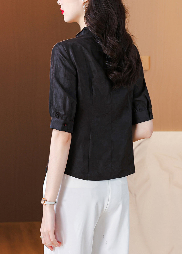 New Black Stand Collar Button Silk Shirt Half Sleeve OP1076 Ada Fashion