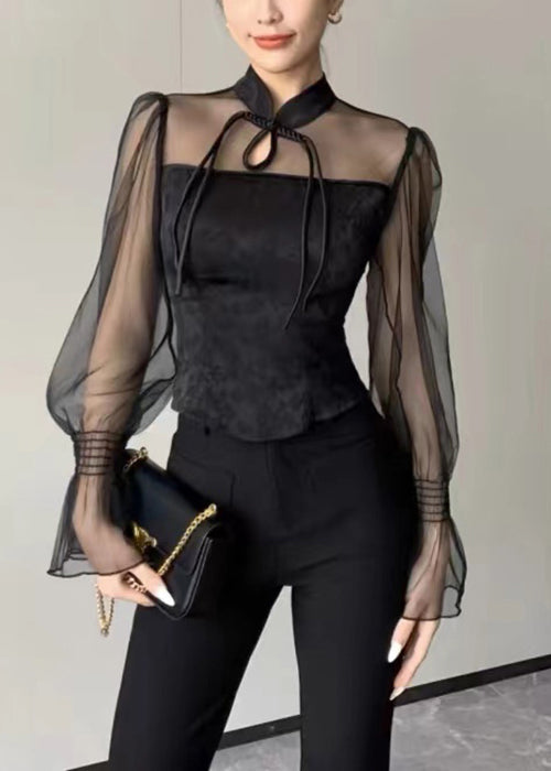 New Black Stand Collar Button Tulle Patchwork Shirt Fall AL1031 Genistyle Shop