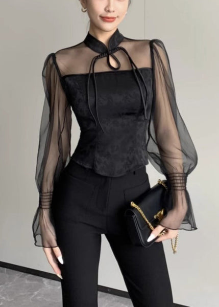 New Black Stand Collar Button Tulle Patchwork Shirt Fall AL1031 Genistyle Shop