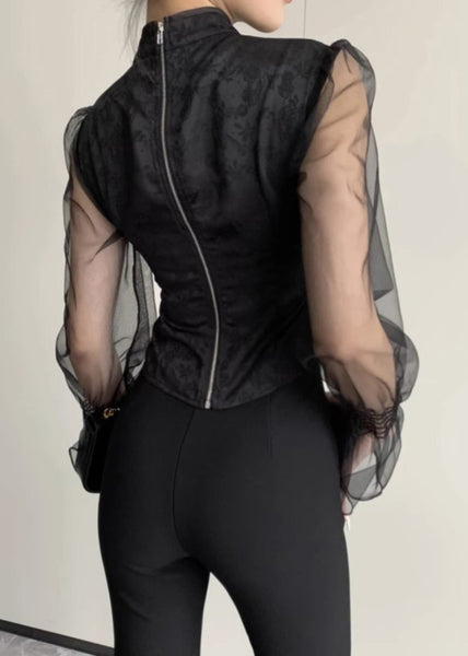 New Black Stand Collar Button Tulle Patchwork Shirt Fall AL1031 Genistyle Shop