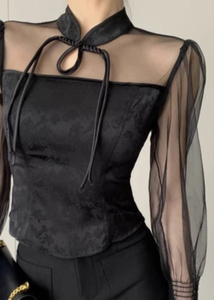 New Black Stand Collar Button Tulle Patchwork Shirt Fall AL1031 Genistyle Shop