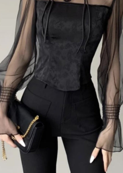 New Black Stand Collar Button Tulle Patchwork Shirt Fall AL1031 Genistyle Shop