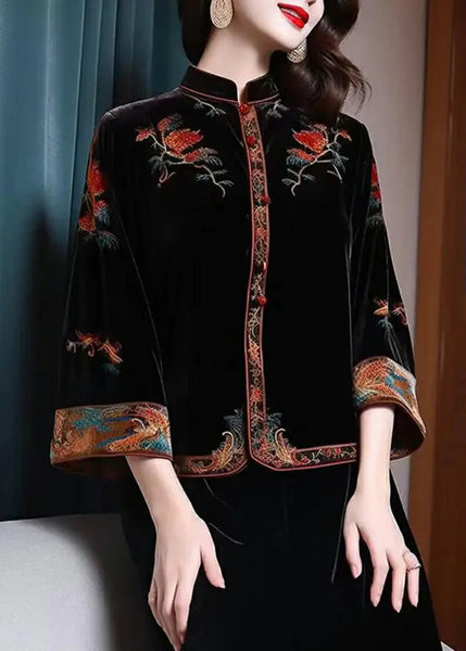 New Black Stand Collar Embroidered Patchwork Silk Velour Top Fall Ada Fashion