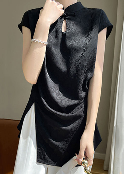 New Black Stand Collar Front Open Silk Blouse Summer AB1007 Genistyle Shop