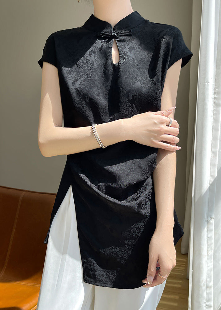 New Black Stand Collar Front Open Silk Blouse Summer AB1007 Genistyle Shop