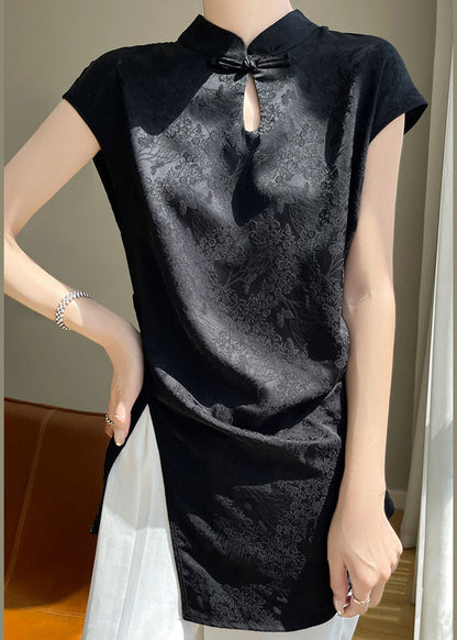 New Black Stand Collar Front Open Silk Blouse Summer AB1007 Genistyle Shop