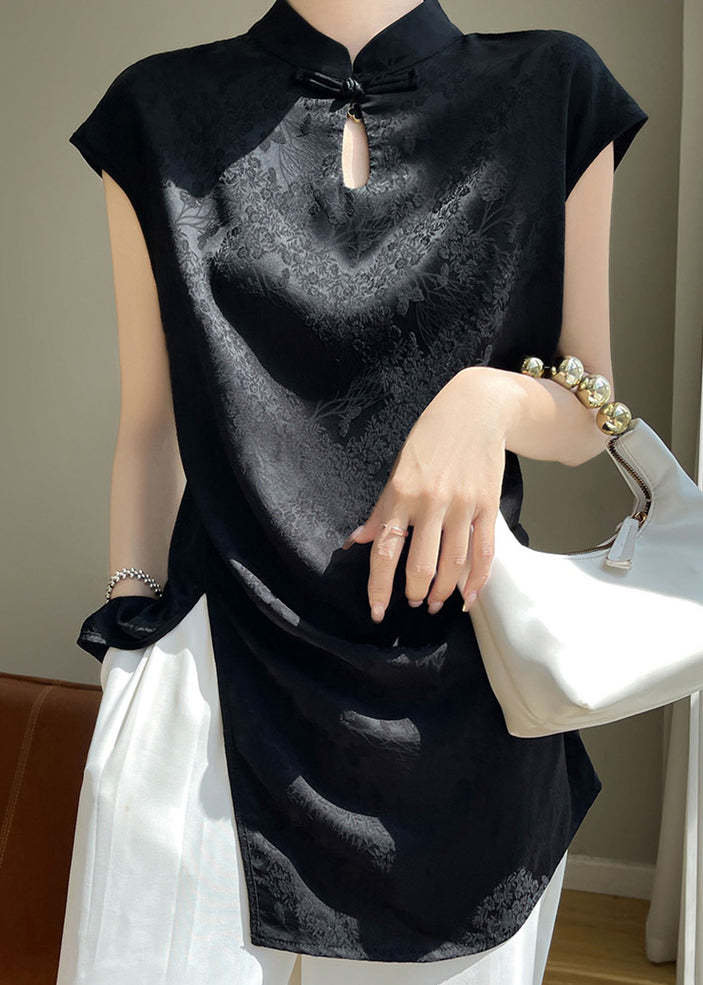 New Black Stand Collar Front Open Silk Blouse Summer AB1007 Genistyle Shop