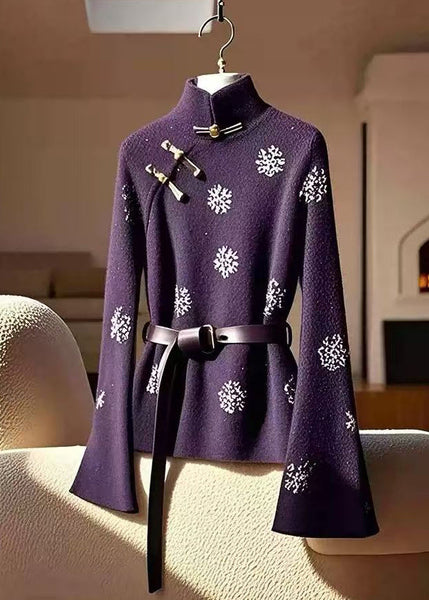 Nouveau haut en coton imprimé à col montant noir et manches évasées TY006